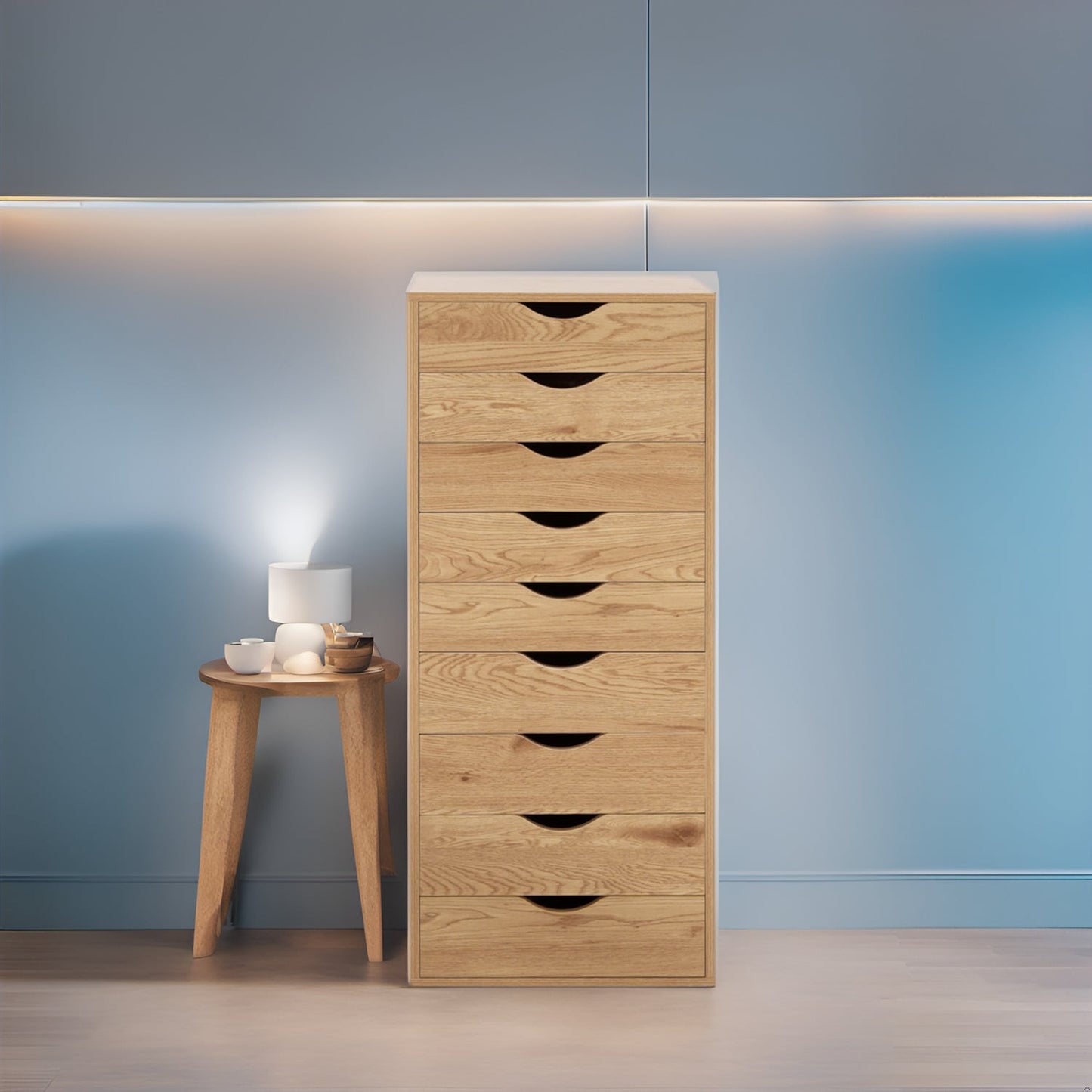 Armoire étroite en bois à 9 tiroirs avec tiroirs à coulisses fluides et étagère de rangement supérieure.