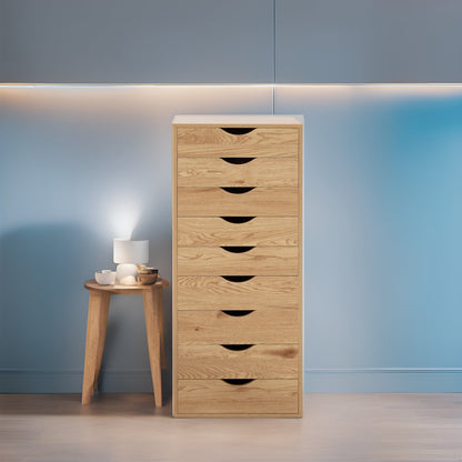 Armoire étroite en bois à 9 tiroirs avec tiroirs à coulisses fluides et étagère de rangement supérieure.