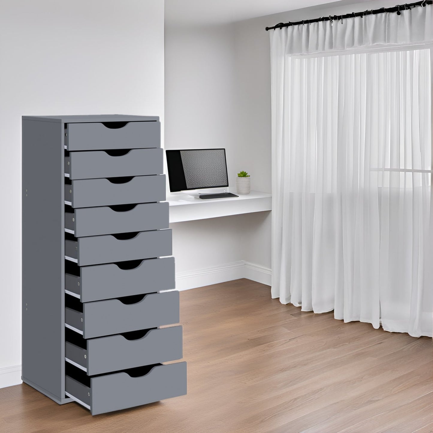 Armoire étroite en bois à 9 tiroirs avec tiroirs à coulisses fluides et étagère de rangement supérieure.