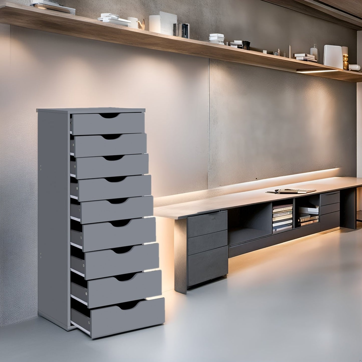 Armoire étroite en bois à 9 tiroirs avec tiroirs à coulisses fluides et étagère de rangement supérieure.