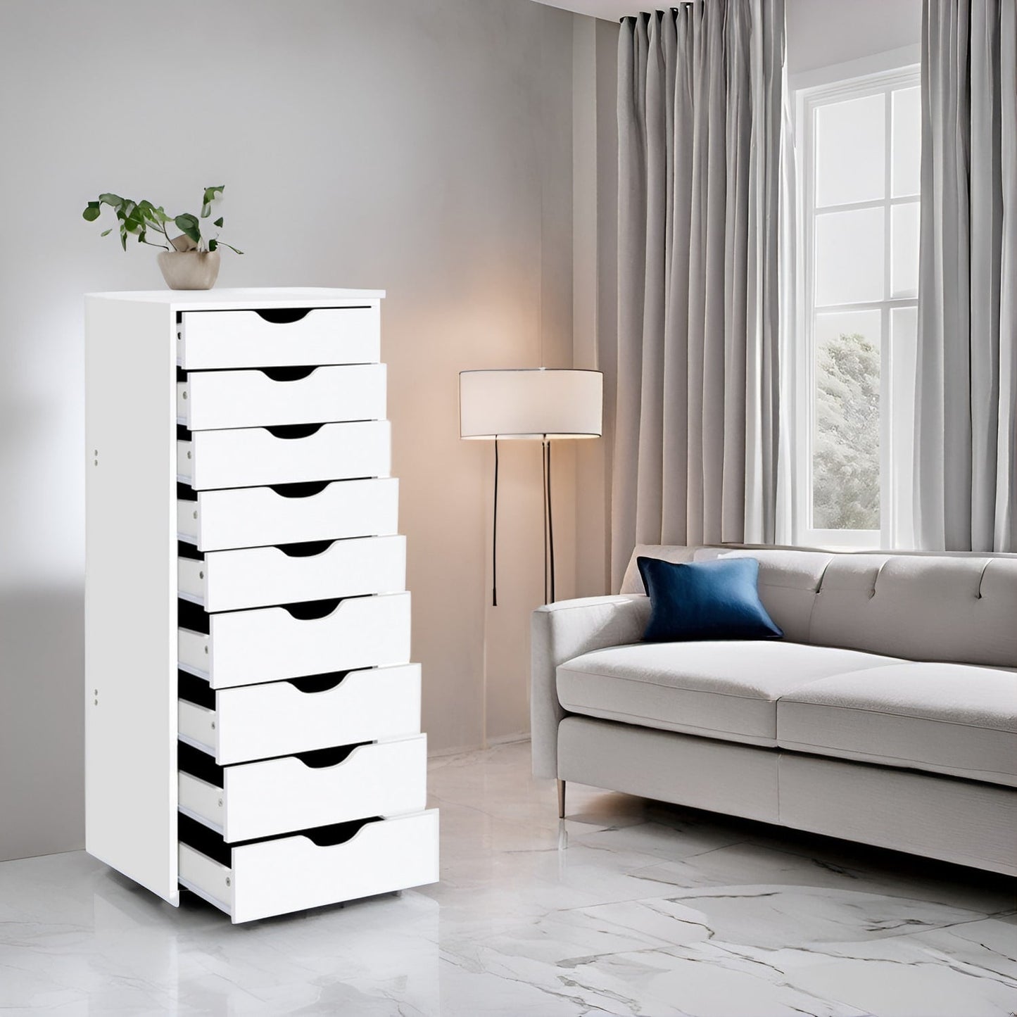 Armoire étroite en bois à 9 tiroirs avec tiroirs à coulisses fluides et étagère de rangement supérieure.