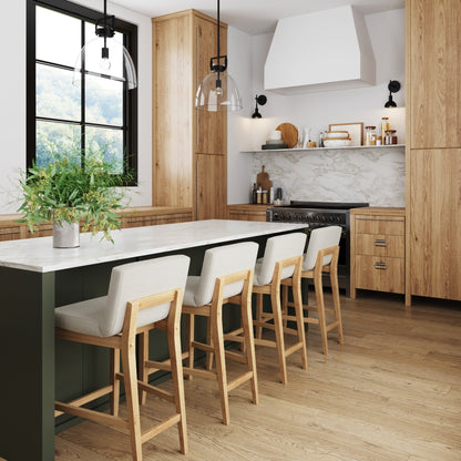 Tabouret de bar moderne Gracie, chaise rembourrée en bouclé et pieds en bois brossé