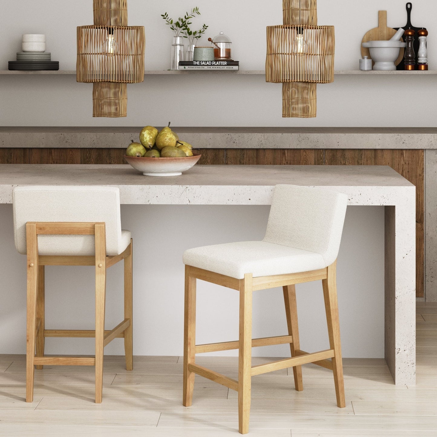 Tabouret de bar moderne Gracie, chaise rembourrée en bouclé et pieds en bois brossé