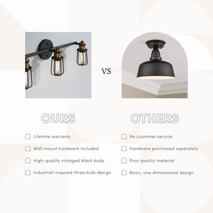 Nathan James Rori Vanity Wall Light Indoor 3-Light Bathroom with Farmhouse Cage Sconce and Brass Details