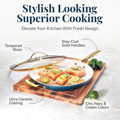 Gotham Steel Natural Collection, ensemble de 15 pièces comprenant casseroles et poêles, revêtement céramique antiadhésif haute performance, couleur marine.