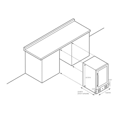 Réfrigérateur à boissons encastrable Newair de 15 pouces, capacité de 96 canettes, en acier inoxydable, avec commandes de température et étagères réglables.