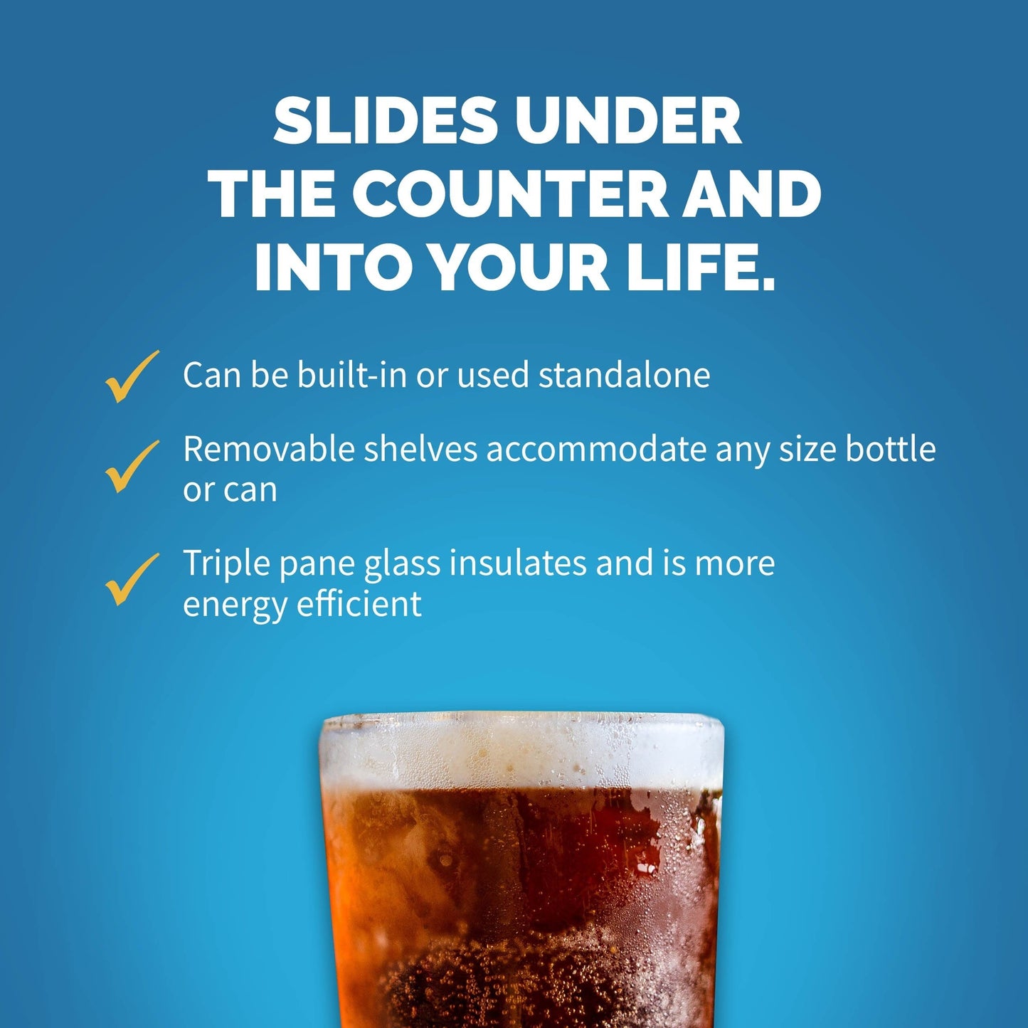 Réfrigérateur à boissons encastrable Newair de 15 pouces, capacité de 96 canettes, en acier inoxydable, avec commandes de température et étagères réglables.