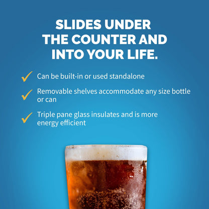 Réfrigérateur à boissons encastrable Newair de 15 pouces, capacité de 96 canettes, en acier inoxydable, avec commandes de température et étagères réglables.