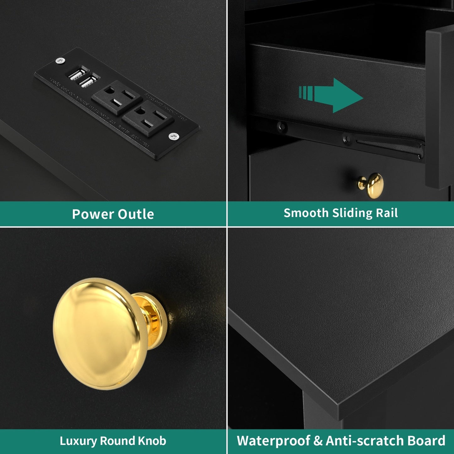 Ensemble de 2 tables de chevet avec station de recharge, table d'appoint avec 2 tiroirs, ports USB et prises, pour lit.