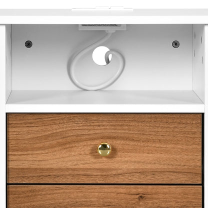 Ensemble de 2 tables de chevet avec station de recharge, table d'appoint avec 2 tiroirs, ports USB et prises, pour lit.