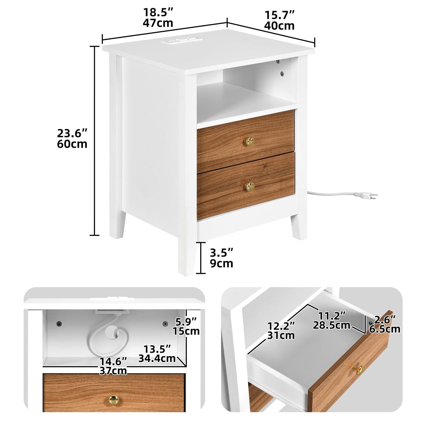 Ensemble de 2 tables de chevet avec station de recharge, table d'appoint avec 2 tiroirs, ports USB et prises, pour lit.