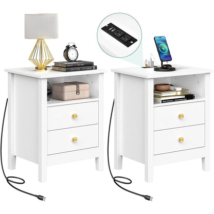Ensemble de 2 tables de chevet avec station de recharge, table d'appoint avec 2 tiroirs, ports USB et prises, pour lit.