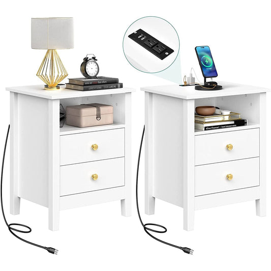 Ensemble de 2 tables de chevet avec station de recharge, table d'appoint avec 2 tiroirs, ports USB et prises, pour lit.