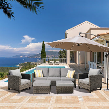 OVIOS Ensemble de meubles de jardin en rotin pour extérieur, 5 pièces, avec dossier haut.