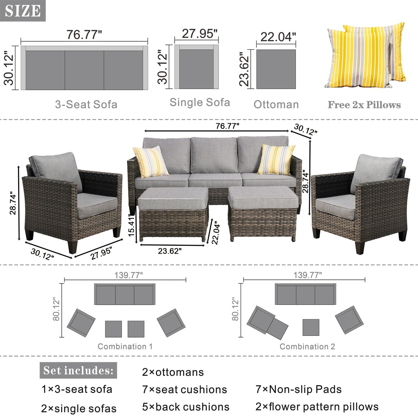 OVIOS Ensemble de meubles de jardin en rotin pour extérieur, 5 pièces, avec dossier haut.