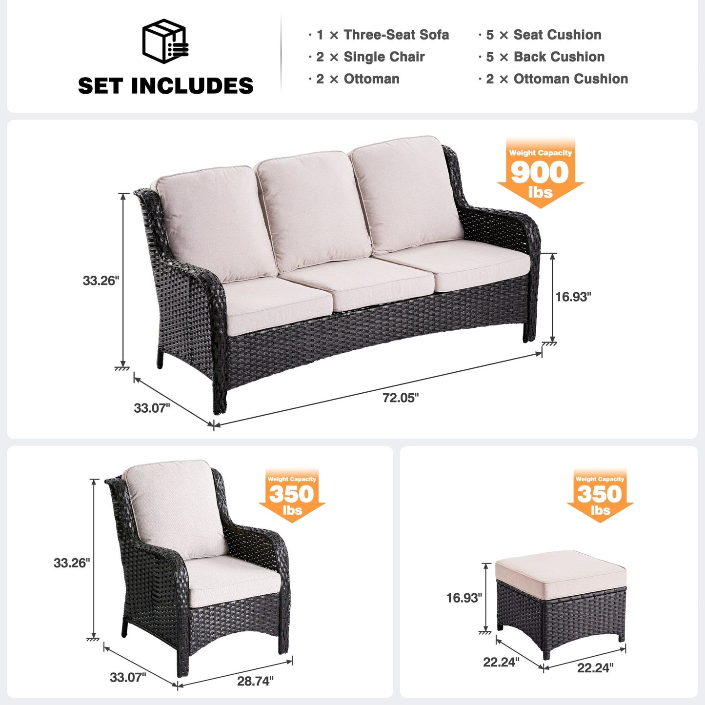 Ensemble de salon d'extérieur en osier OVIOS 5 pièces avec dossier haut