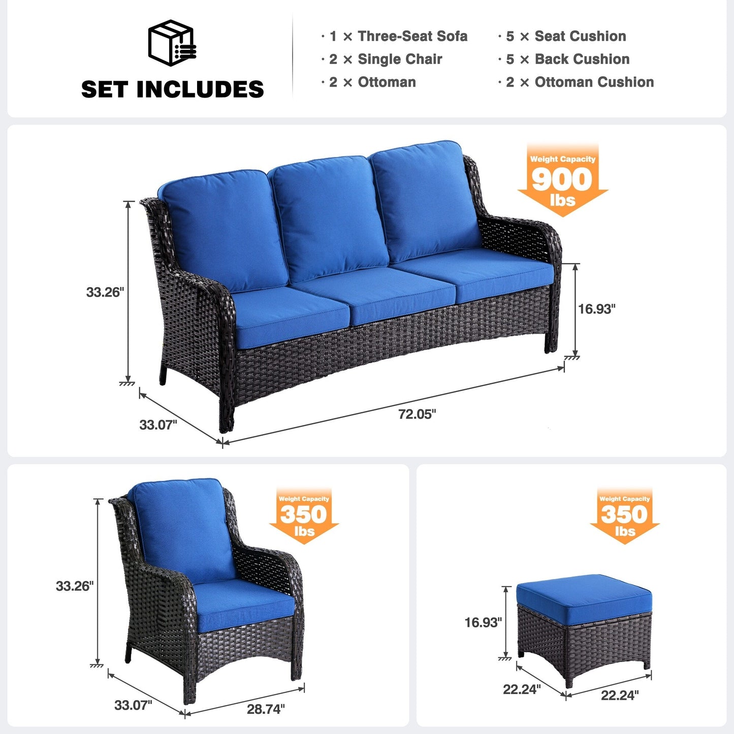 Ensemble de salon d'extérieur en osier OVIOS 5 pièces avec dossier haut