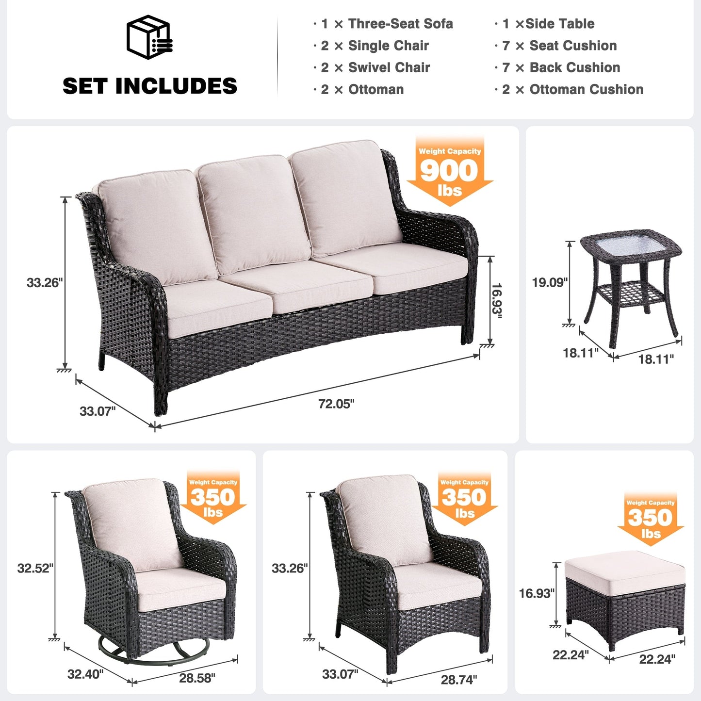 OVIOS Ensemble de meubles de jardin en osier 8 pièces avec chaises pivotantes