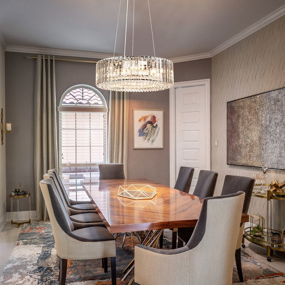 OYIPRO Lustre moderne rond en cristal à 6/8/12 lumières, suspension en forme de tambour pour îlot de cuisine