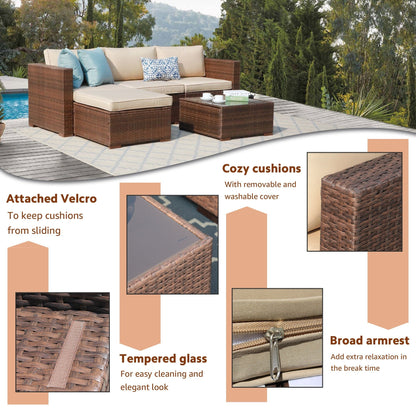 Ensemble de canapé d'extérieur en osier composé de 5 pièces avec coussins