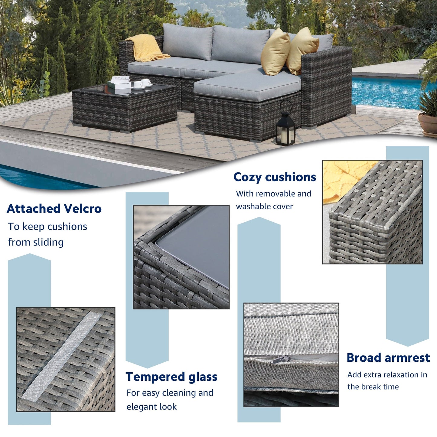 Ensemble de canapé d'extérieur en osier composé de 5 pièces avec coussins