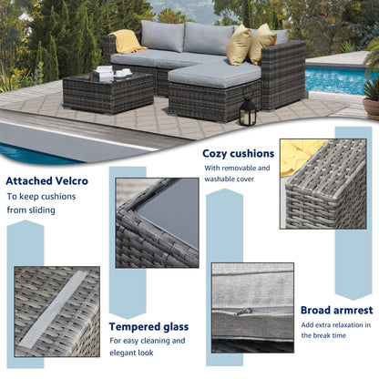 Ensemble de canapé d'extérieur en osier composé de 5 pièces avec coussins