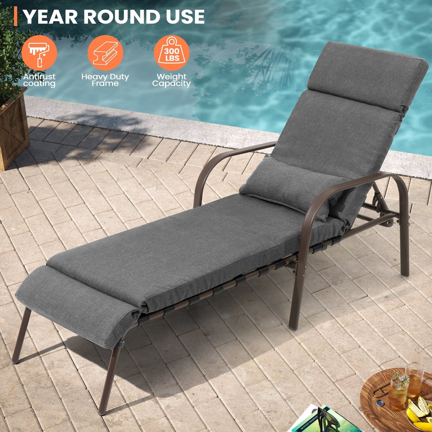 Chaise longue de jardin réglable pour extérieur avec coussin, pour plage ou bord de piscine