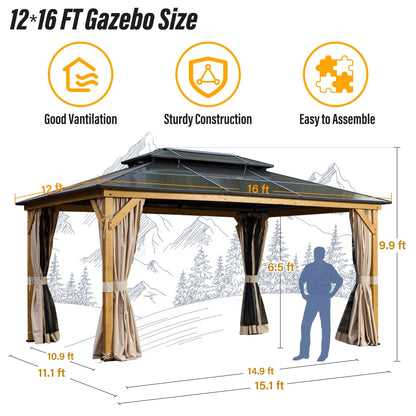 EROMMY Gazebo à toit rigide, Pergola d'extérieur avec double toit, moustiquaire et rideaux, auvent robuste pour patio, jardin, fête à la piscine