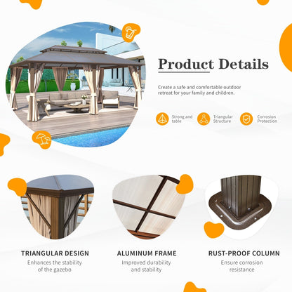 EROMMY Gazebo à toit rigide, Pergola d'extérieur avec double toit, moustiquaire et rideaux, auvent robuste pour patio, jardin, fête à la piscine