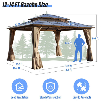 EROMMY Gazebo à toit rigide, Pergola d'extérieur avec double toit, moustiquaire et rideaux, auvent robuste pour patio, jardin, fête à la piscine
