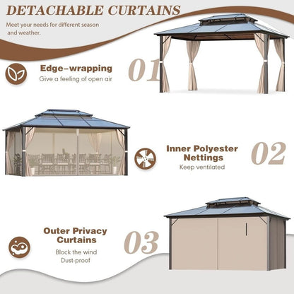 EROMMY Gazebo à toit rigide, Pergola d'extérieur avec double toit, moustiquaire et rideaux, auvent robuste pour patio, jardin, fête à la piscine