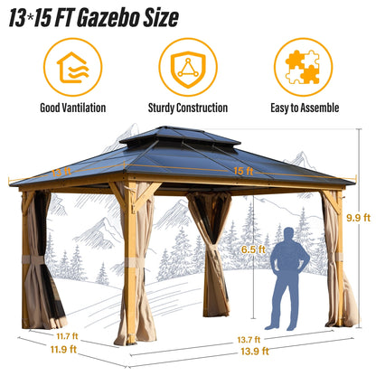 EROMMY Gazebo à toit rigide, Pergola d'extérieur avec double toit, moustiquaire et rideaux, auvent robuste pour patio, jardin, fête à la piscine