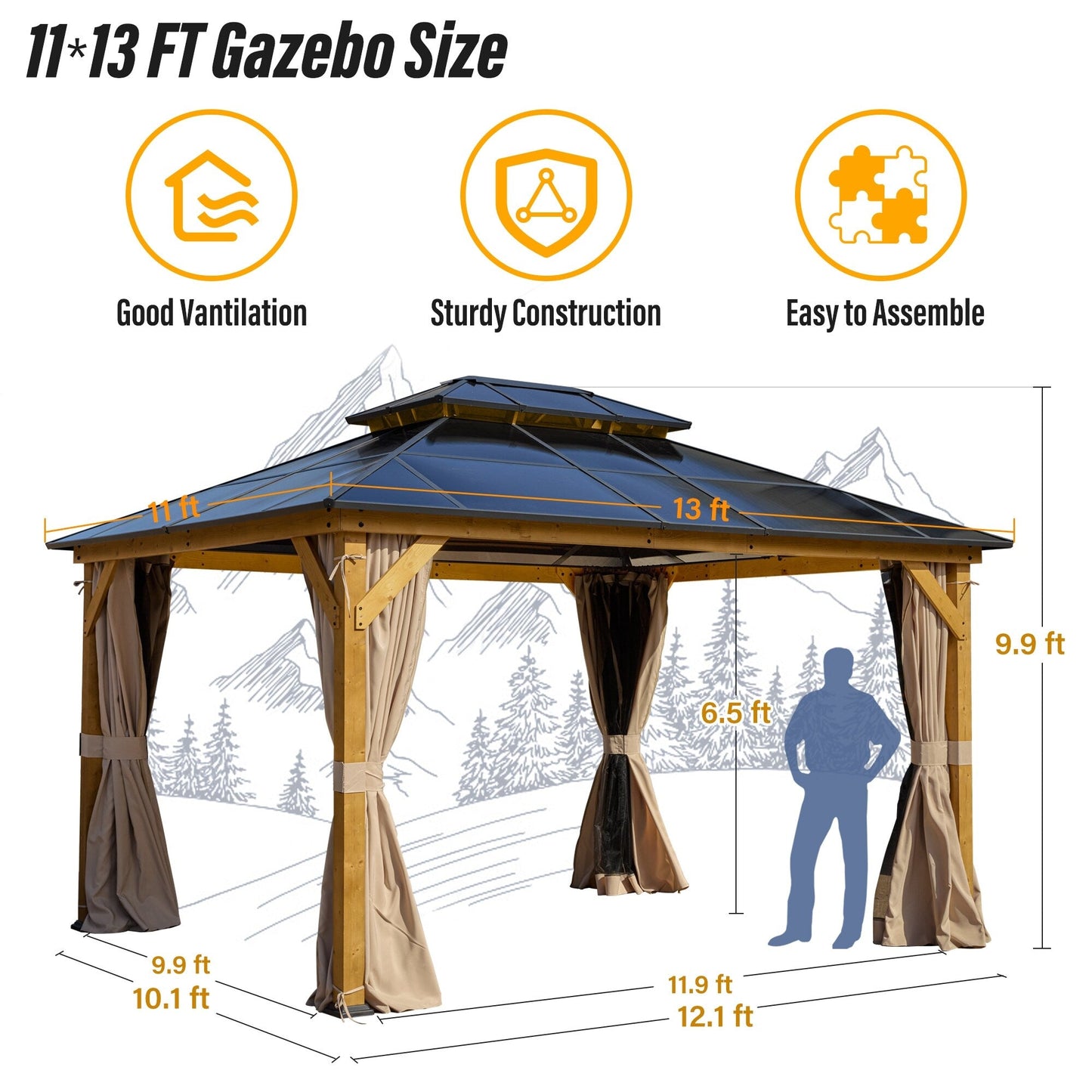EROMMY Gazebo à toit rigide, Pergola d'extérieur avec double toit, moustiquaire et rideaux, auvent robuste pour patio, jardin, fête à la piscine