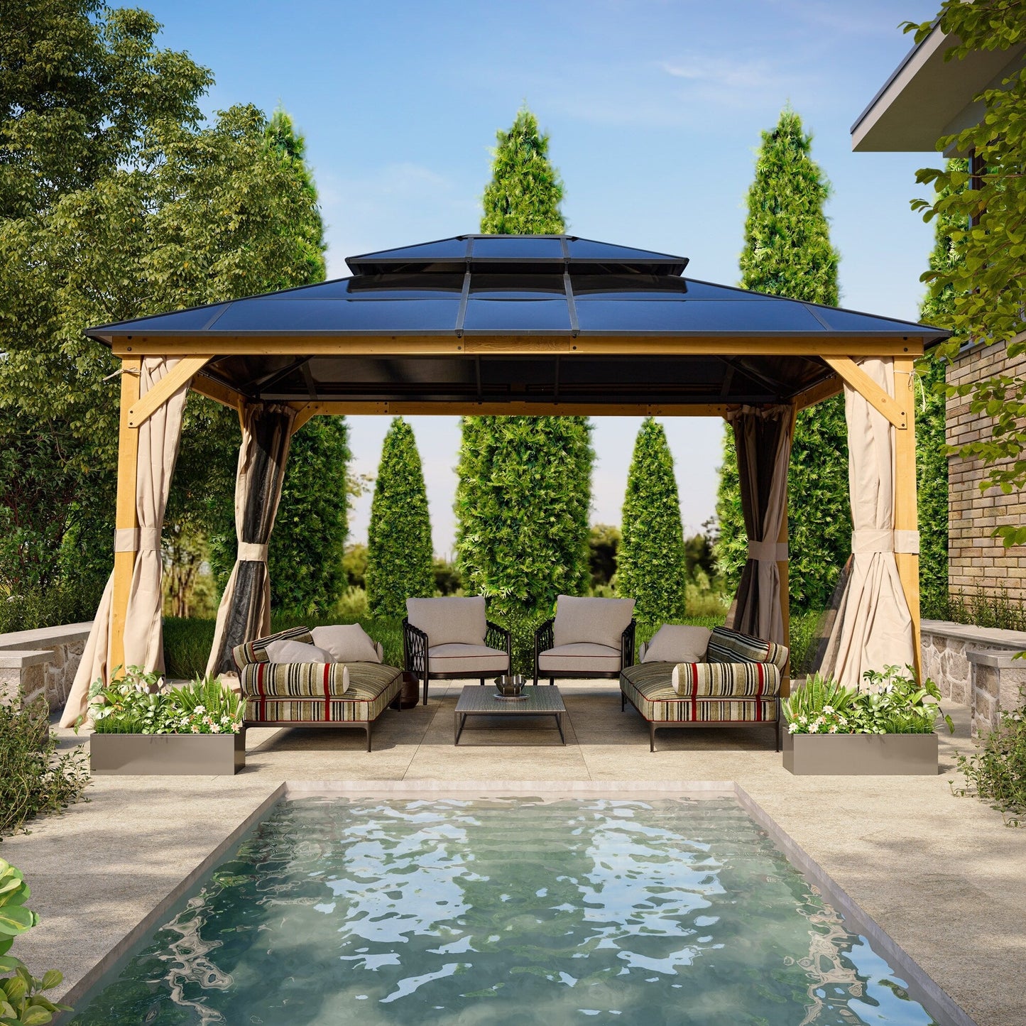 EROMMY Gazebo à toit rigide, Pergola d'extérieur avec double toit, moustiquaire et rideaux, auvent robuste pour patio, jardin, fête à la piscine