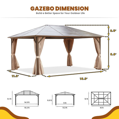 EROMMY Gazebo à toit rigide, Pergola d'extérieur avec double toit, moustiquaire et rideaux, auvent robuste pour patio, jardin, fête à la piscine