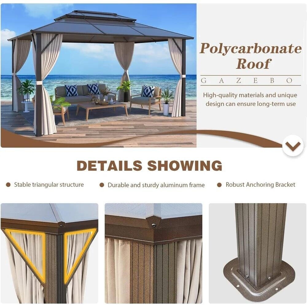 EROMMY Gazebo à toit rigide, Pergola d'extérieur avec double toit, moustiquaire et rideaux, auvent robuste pour patio, jardin, fête à la piscine