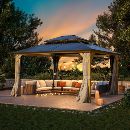 EROMMY Gazebo à toit rigide, Pergola d'extérieur avec double toit, moustiquaire et rideaux, auvent robuste pour patio, jardin, fête à la piscine