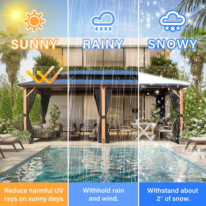 EROMMY Gazebo à toit rigide, Pergola d'extérieur avec double toit, moustiquaire et rideaux, auvent robuste pour patio, jardin, fête à la piscine