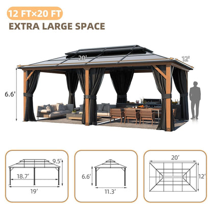EROMMY Gazebo à toit rigide, Pergola d'extérieur avec double toit, moustiquaire et rideaux, auvent robuste pour patio, jardin, fête à la piscine