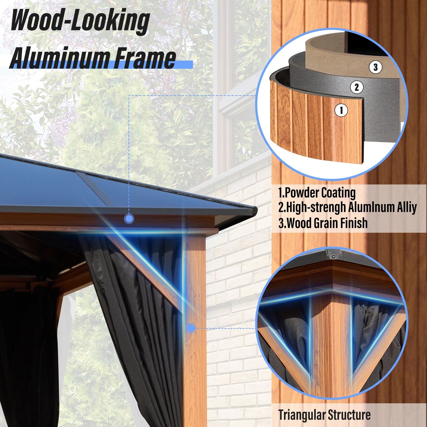 EROMMY Gazebo à toit rigide, Pergola d'extérieur avec double toit, moustiquaire et rideaux, auvent robuste pour patio, jardin, fête à la piscine