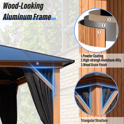 EROMMY Gazebo à toit rigide, Pergola d'extérieur avec double toit, moustiquaire et rideaux, auvent robuste pour patio, jardin, fête à la piscine