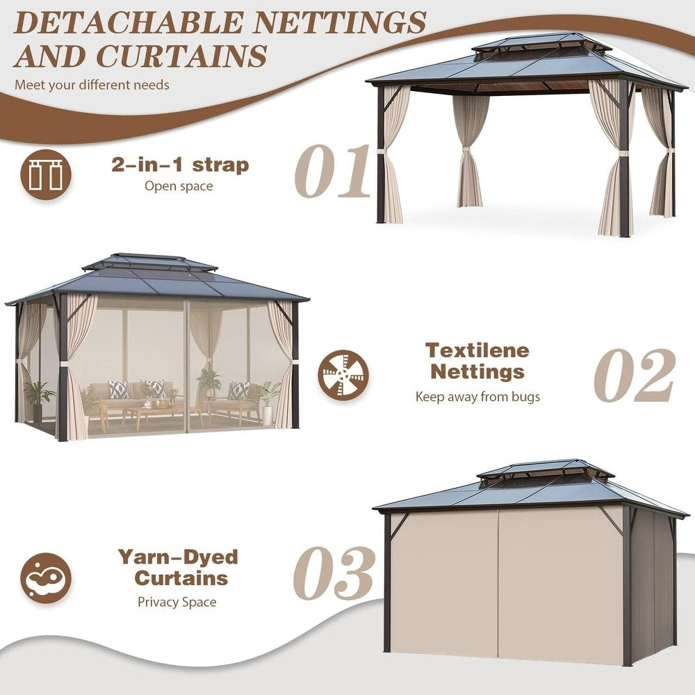 EROMMY Gazebo à toit rigide, Pergola d'extérieur avec double toit, moustiquaire et rideaux, auvent robuste pour patio, jardin, fête à la piscine