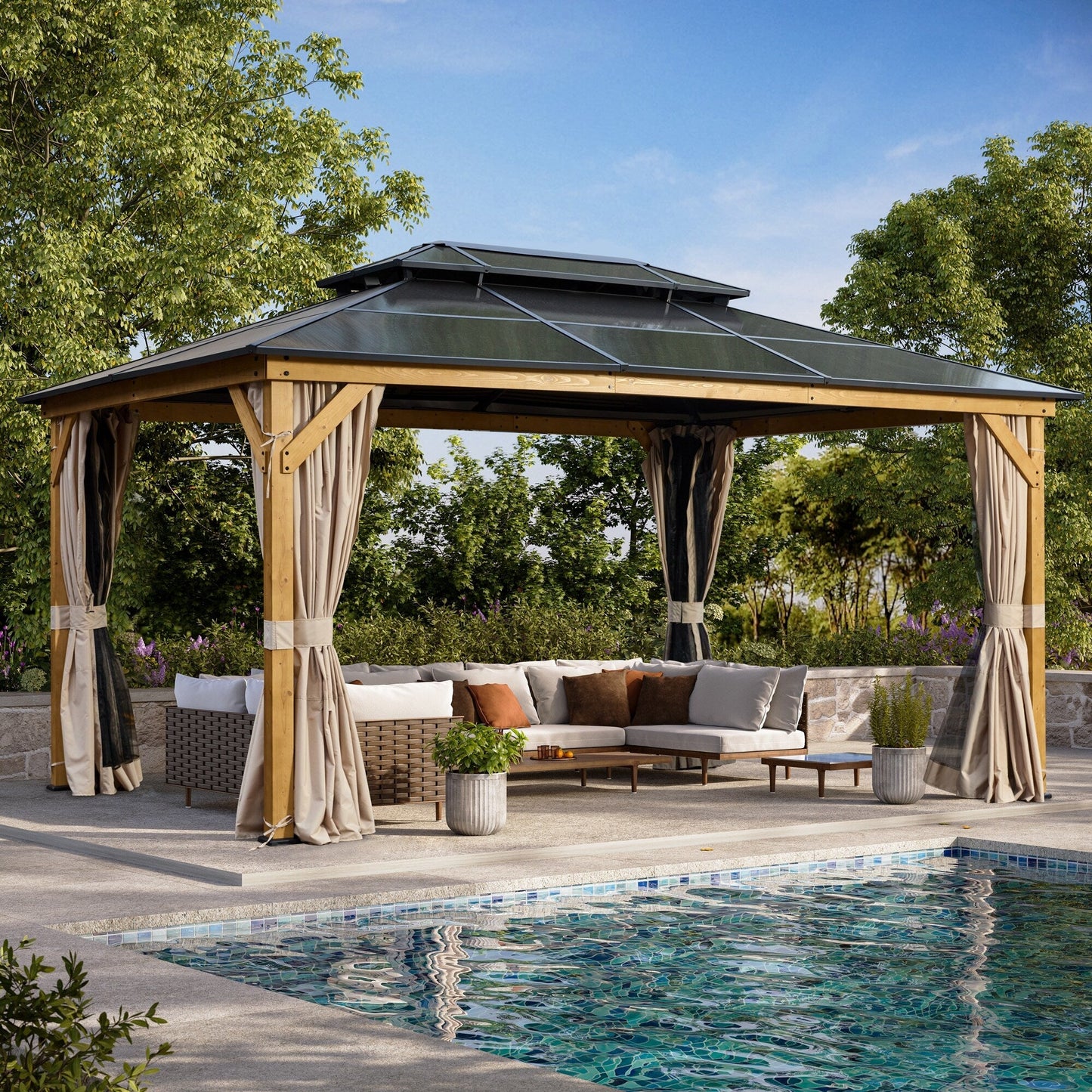 EROMMY Gazebo à toit rigide, Pergola d'extérieur avec double toit, moustiquaire et rideaux, auvent robuste pour patio, jardin, fête à la piscine