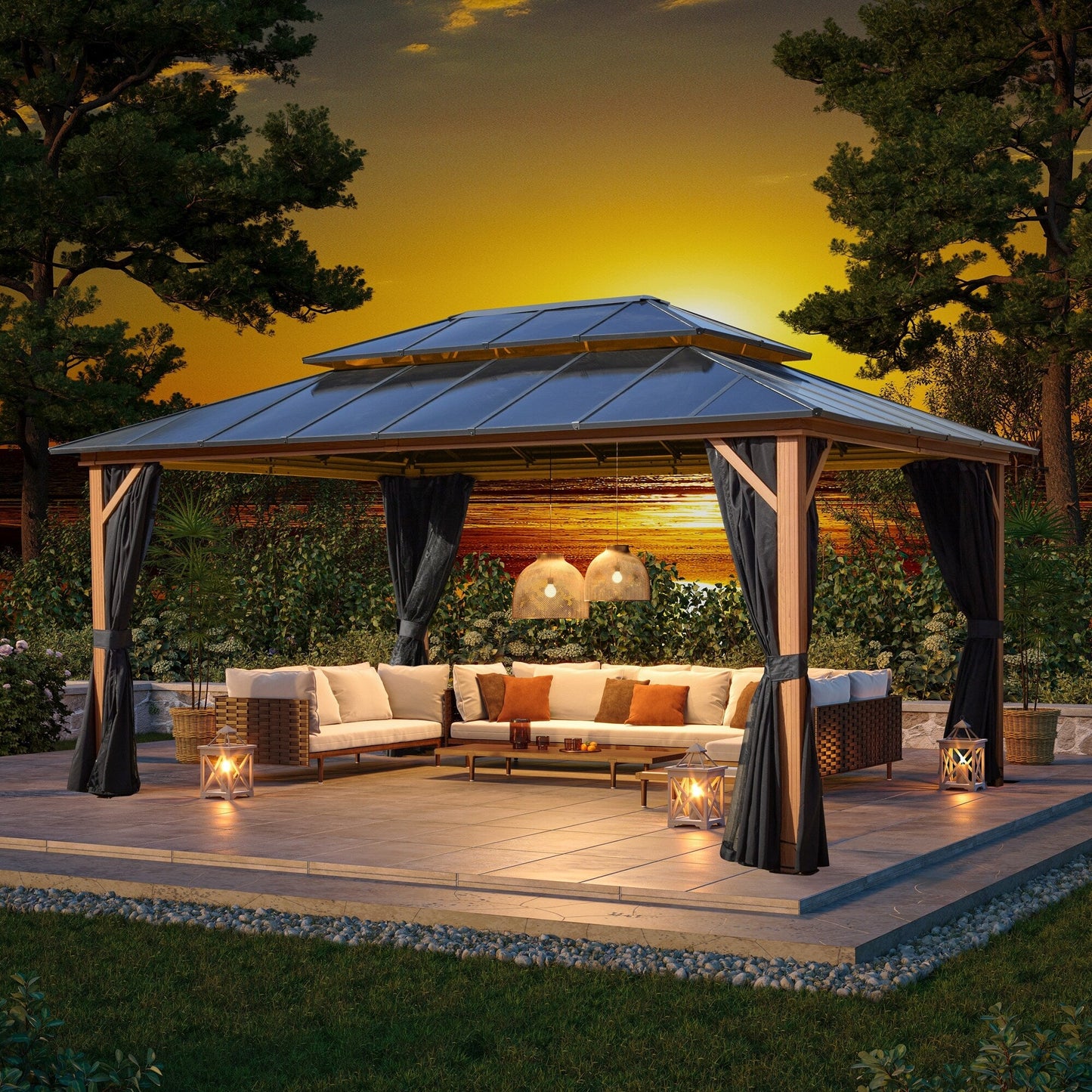 EROMMY Gazebo à toit rigide, Pergola d'extérieur avec double toit, moustiquaire et rideaux, auvent robuste pour patio, jardin, fête à la piscine