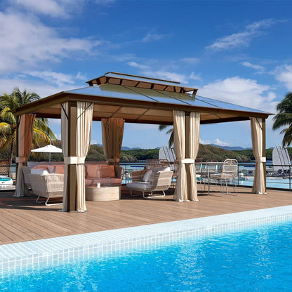 EROMMY Gazebo à toit rigide, Pergola d'extérieur avec double toit, moustiquaire et rideaux, auvent robuste pour patio, jardin, fête à la piscine
