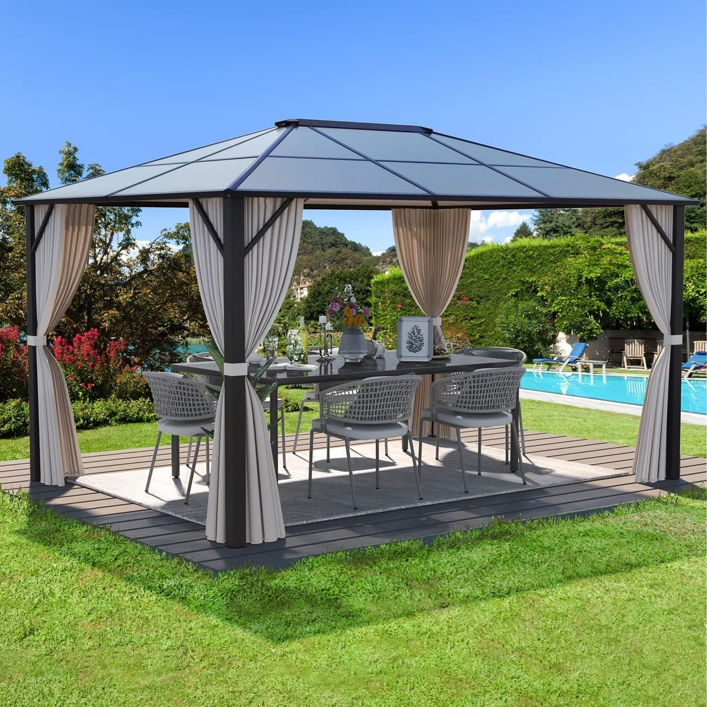 EROMMY Gazebo à toit rigide, Pergola d'extérieur avec double toit, moustiquaire et rideaux, auvent robuste pour patio, jardin, fête à la piscine