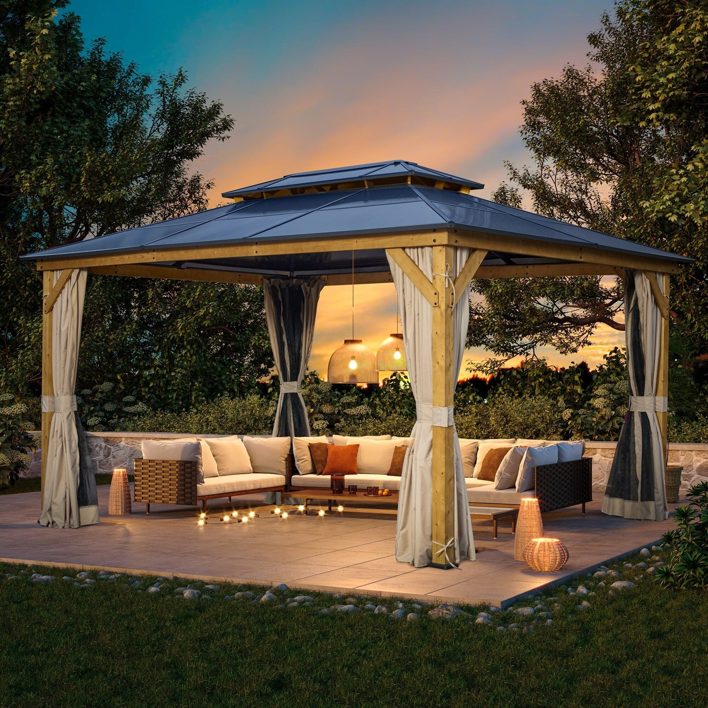 EROMMY Gazebo à toit rigide, Pergola d'extérieur avec double toit, moustiquaire et rideaux, auvent robuste pour patio, jardin, fête à la piscine