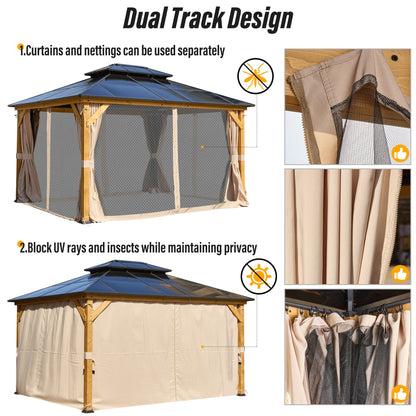EROMMY Gazebo à toit rigide, Pergola d'extérieur avec double toit, moustiquaire et rideaux, auvent robuste pour patio, jardin, fête à la piscine