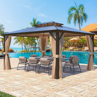 EROMMY Gazebo à toit rigide, Pergola d'extérieur avec double toit, moustiquaire et rideaux, auvent robuste pour patio, jardin, fête à la piscine