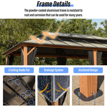 EROMMY Gazebo à toit rigide, Pergola d'extérieur avec double toit, moustiquaire et rideaux, auvent robuste pour patio, jardin, fête à la piscine